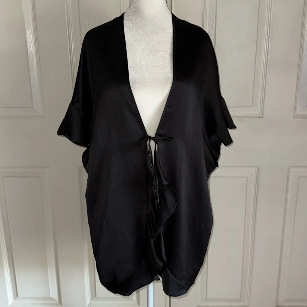 Victoria’s Secret Black Satin Ruffled Edge Short Kimono